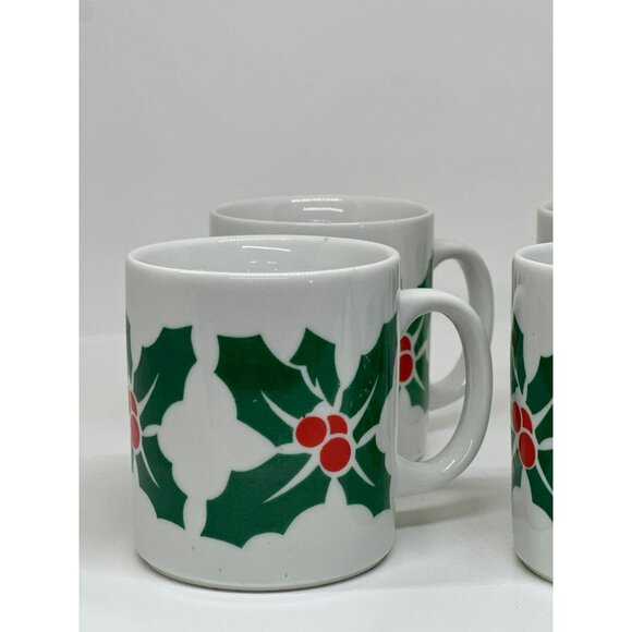 VTG 90s Holly Berry Christmas Mugs Set of 4, Green & Red Ceramic Coffee/Tea Cups - Picture 2 of 6